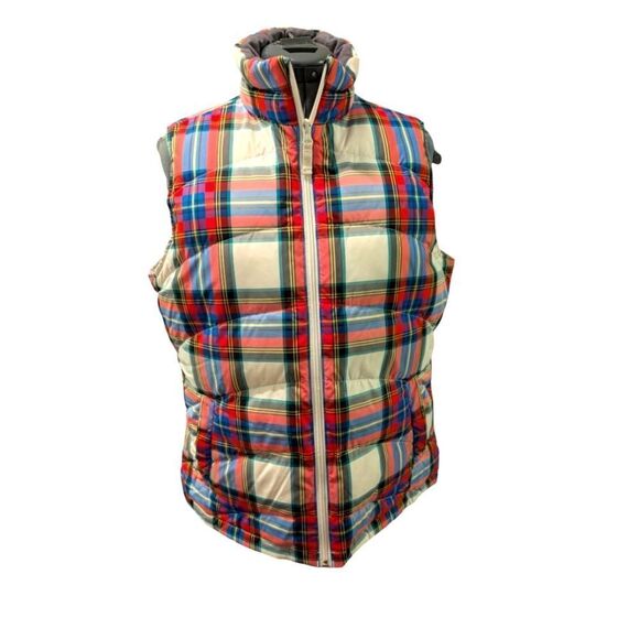 Lands end women's white and plaid‎ puffer vest size medium - Picture 1 of 8